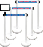 Retractable Stanchion, 6 SPECIALTY Posts + Signframe, 36" Ht, 78" Special Event & Holiday Theme Belt + Bonus Replacement Cassettes + Wall Receiver (WHT Post/Grand Opening Belt)