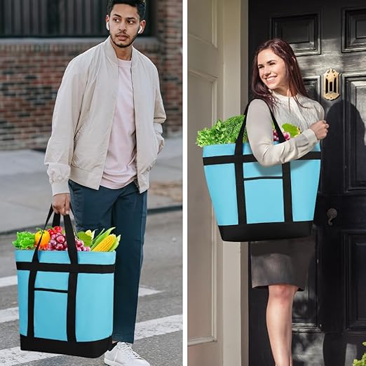 2Pk Insulated Reusable Tote Bag for Grocery Shopping for Women/Men, Pizza/Food Delivery Bag to Keep Food Cold/Hot for Professional Catering, Cooler bags for Travel/Beach/Picnic, Blue