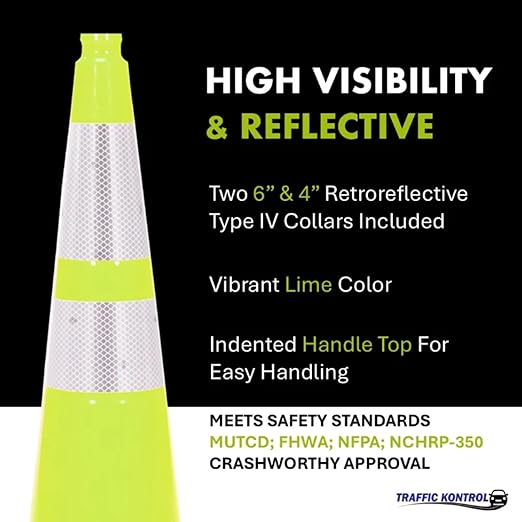 6 Pack 28" Inch Lime Traffic Safety Cones with Dual Reflective Collars - High Visibility Industrial Pylons Traffic Cones for Road, Parking Lots, Driving, Construction