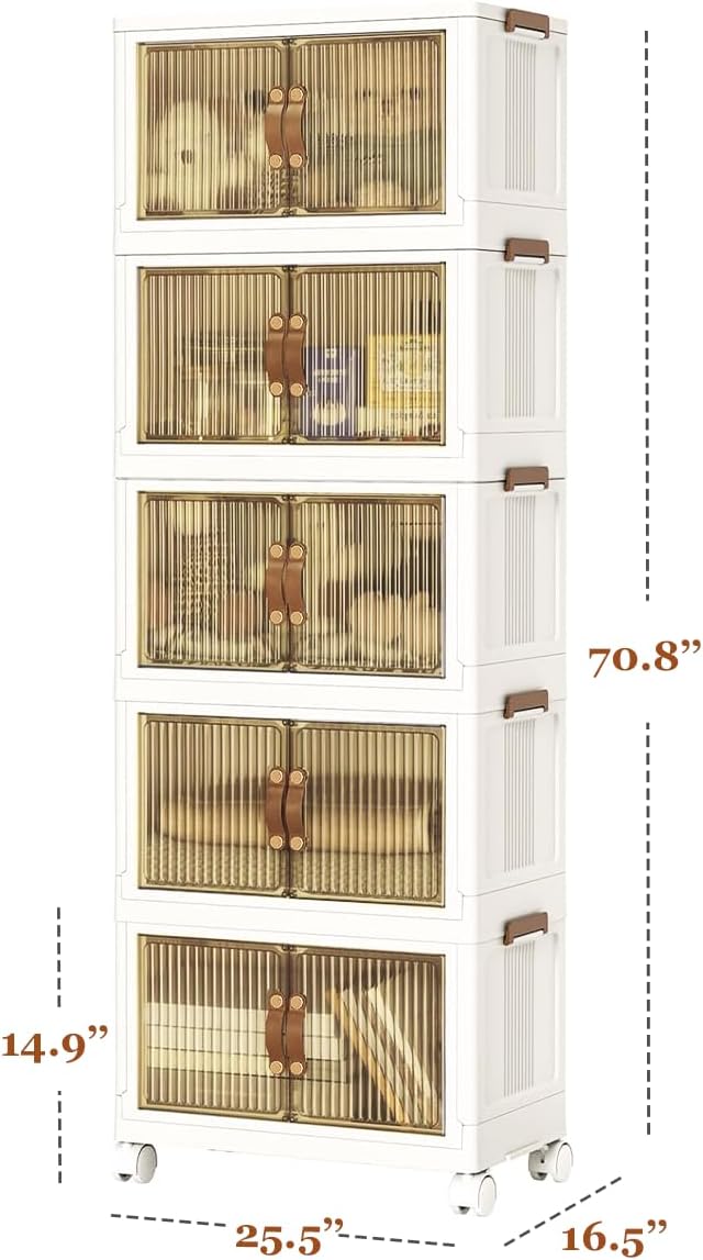 4 Tier Plastic Stackable Storage Bins and Boxes Organizer, Foldable Containers, Stackable Closet Organizers, Collapsible Boxes, White (5 Tier, 25.8″)