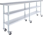 AmGood Stainless Steel Work Table with 2 Shelves and Casters | Metal Utility Table On Wheels (Stainless Steel, 96" Long x 18" Deep)