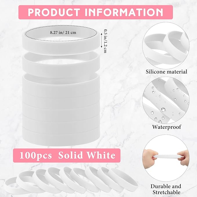 Liliful 100 Pcs Silicone Rubber Wristbands Rubber Wristband Bracelet Bands for Silicone Wristbands for Women Men(White)