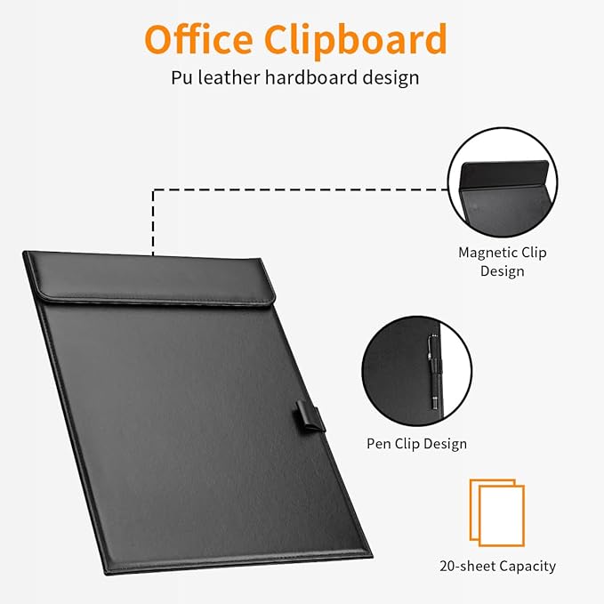 KINGFOM PU Leather Hardboard Office Clipboard, Magnetic Clip A4 Letter Size Clip Boards with Pen Holder for Nurses, Students, Teacher Black 4 Pack