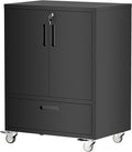 Metal Storage Cabinet with Wheels, Mobile Garage Storage Cabinet with 2 Lockable Doors and 1 Drawer, Rolling Tool Cabinet, Assembly Required, Black