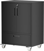 Metal Storage Cabinet with Wheels, Mobile Garage Storage Cabinet with 2 Lockable Doors and 1 Drawer, Rolling Tool Cabinet, Assembly Required, Black