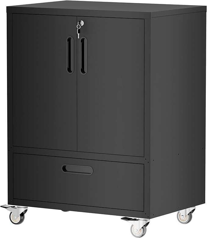Metal Storage Cabinet with Wheels, Mobile Garage Storage Cabinet with 2 Lockable Doors and 1 Drawer, Rolling Tool Cabinet, Assembly Required, Black