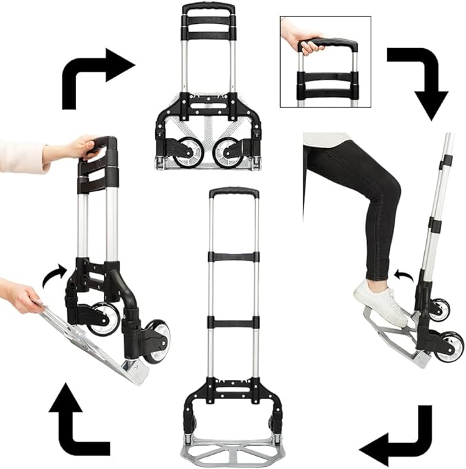 Folding Hand Truck Dolly, Aluminum Portable Foldable Dolly Cart, 200 lbs Capacity Collapsible Hand Cart with Wheels, Ideal for Shoping, Office, Travel, Moving, Black