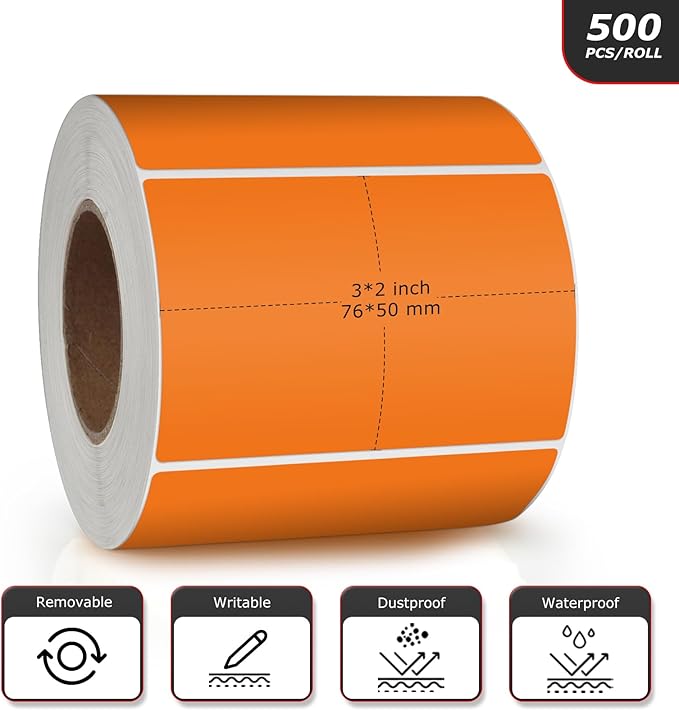 Orange Rectangle Stickers 3 x 2 Inch Color Coding Labels Vinyl Roll Self-Adhesive Waterproof Removable 500 PCS