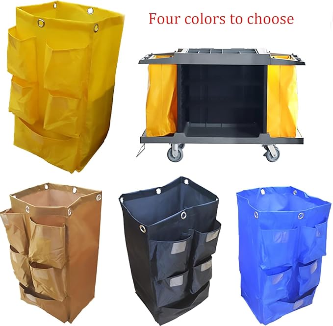 Replacement Janitorial Cart Bag with 5 Pockets,25 Gallon Housekeeping cart Bag High Capacity Waterproof Thickened Commercial Janitorial Cleaning Cart Bag with 6 Brass Grommets (Yellow with 5 Pockets)