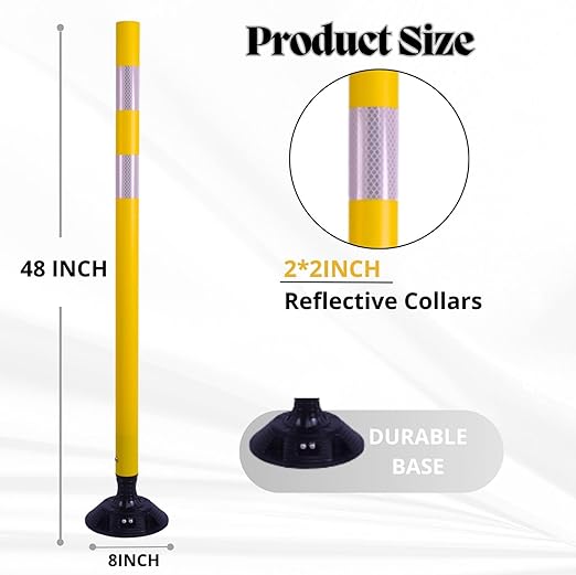 BESEA 8PCS 48" Traffic Delineator Posts with Detachable Base & High-Visibility Reflective Collars,Yellow Durable Flexible Safety Cones for Work Zones, Parking Lots, and Roadways