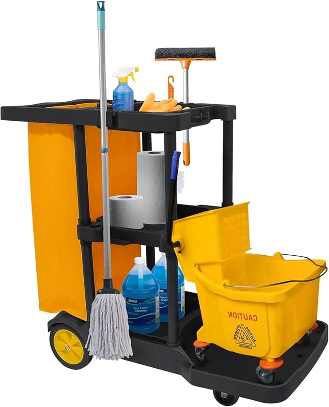 tonchean Commercial Janitorial Cart, 3-Shelf Large Capacity Housekeeping Cart with 25 Gallon Vinyl Bag & Wheels, 44.5" L x 22" W x 36.6" H, Utility Clean Trolley for Professional Cleaning, Black