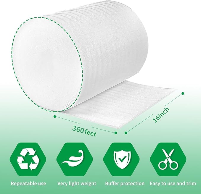 Moving Supplies, Foam Wrap Roll 16" Wide x 360' Length, For Protecting Fragile Articles,Furniture,Transportation Packing,Stuffing of Carton,with 60 Fragile Stickers
