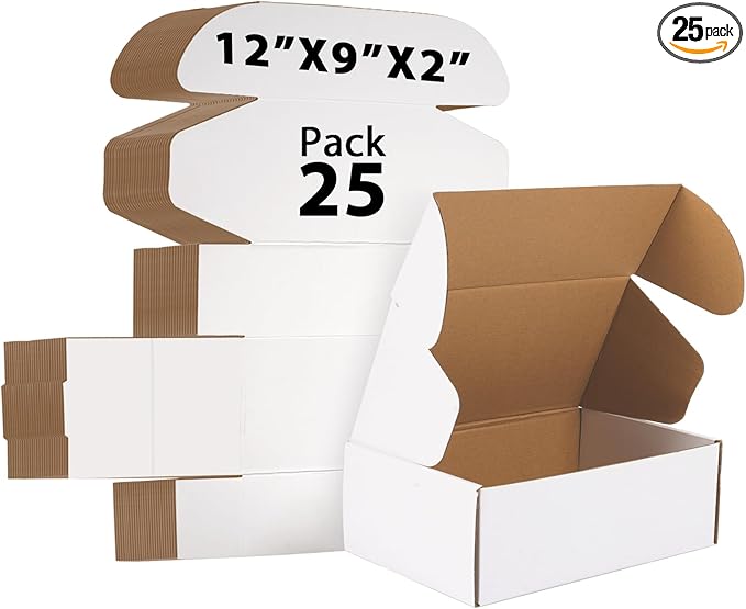 12x9x2 inches Shipping Boxes Set of 25, Small Corrugated Cardboard Box, Literature Mailer, Gift Boxes (White, 12x9x2)