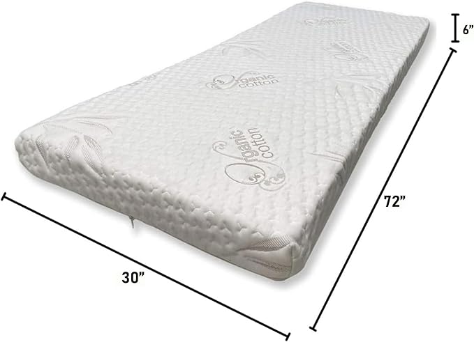 Foamma 6” x 30” x 72” High Density Foam Bunk Mattress, Organic Cotton Cover, Made in USA, Comfortable, CertiPUR-US Certified
