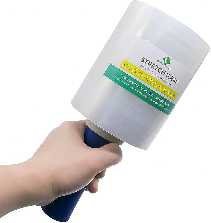BOMEI PACK Clear Industrial Stretch Wrap Film 5" x 1000ft 2 Pack with Handle, 5" x 1000ft for Moving Supplies, Plastic Wrap for Packing, Heavy Duty Stretch Film