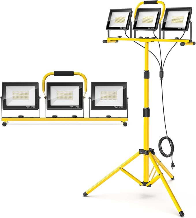 LED Work Lights with Stand: 3 Head Adjustable Work Light with Individual Switch, IP66 Waterproof Foldable Outdoor Tripod Light for Job Site Construction Lighting, Tool Gifts for Men