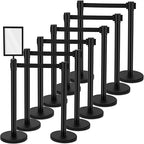 Geelin Heavy Duty Crowd Control Stanchions Stainless Steel Stanchion Set with Safety Barrier Post with Retractable Belt and Sign Holder Crowd Control Barrier(9.8ft,Black,12 Pcs Sets)