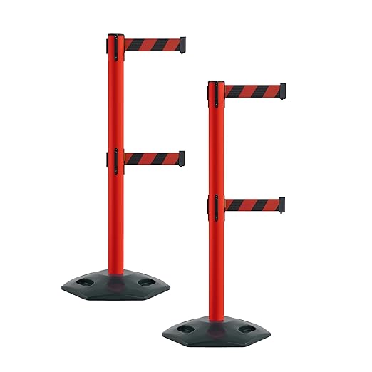 Montour Line MSR630D Set of 2 Retractable Belt Barrier Stanchion, Heavy-Duty Rubber Base, Red Post (11 ft Black and Red Diagonal Dual Belt)