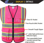 Pink High Visibility Safety Vest for Men Women with 5 Pockets and Zipper Hi Vis Construction Work Vest with Reflective Strips,Meets ANSI/ISEA Standards(EK175-Pink-XL)