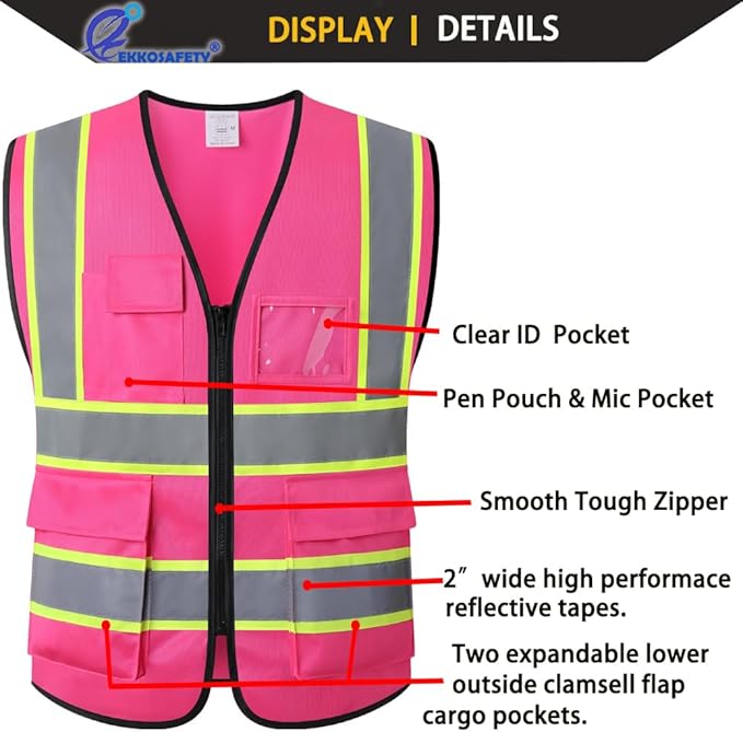 Reflective Safety Vest for Men Women,5 Pockets High Visibility Construction Work Vest with Zipper Front,Meets ANSI/ISEA Standards(EK175-Pink-M)