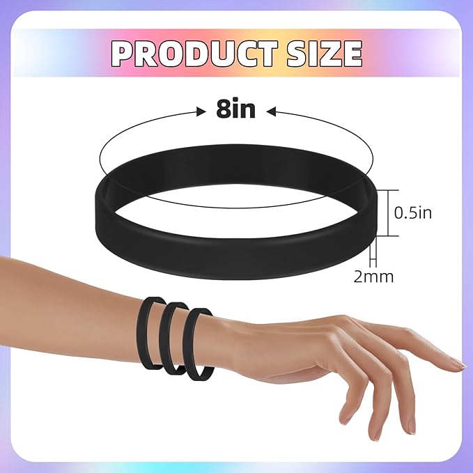 100 Pieces Blank Rubber Bracelets Sport Elastic Band, Ssolid Color Silicone Wristband Unisex For Event, Teen-Black