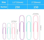 Multicolor Jumbo Paper Clips, 1.3 Inch (33mm) & 2 Inch (50mm), 400-Pack for Office, School & Home Document Organizing (Pastel, 1.3 Inch and 2 Inch)