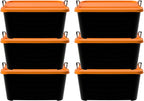 Life Story 6 Pack Heavy Duty Stackable Storage Bin, 55 Quart Home Organizer, Versatile Lightweight Locking Bins with Carrying Handles, Black/Orange