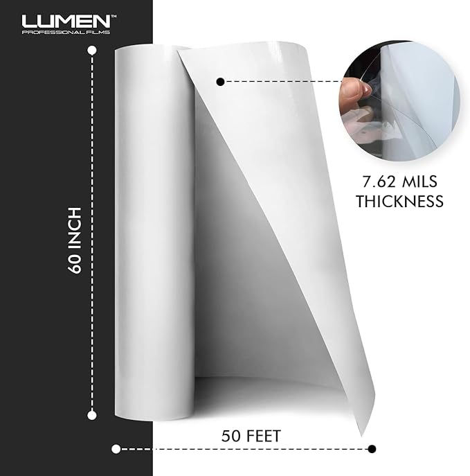 Lumen Clear Vinyl Wrap Paint Protection Film (PPF) For Cars | 60" x 50' | Top Coated Clear Vinyl Hybrid Protective Film For Cars | Scratch & Stain Resistant, Self-Healing, UV Protection, Universal Fit