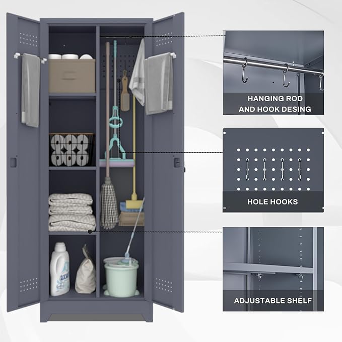 LUCYPAL 65" H Metal Garage Storage Cabinet with Shelves and Lock,Broom Closet Storage Cabinet with Hanging Rods for Mops,Garage Tool Cabinets for Utility Room,Laundry Room,Grey