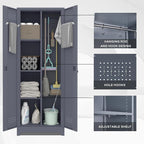 LUCYPAL 65" H Metal Garage Storage Cabinet with Shelves and Lock,Broom Closet Storage Cabinet with Hanging Rods for Mops,Garage Tool Cabinets for Utility Room,Laundry Room,Grey