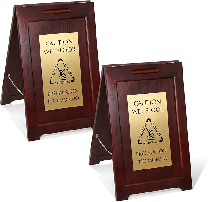 SmartSign (2-Pack) Premium Bilingual "Caution Wet Floor" Wooden A-Frame Standing Floor Sign with Symbol, 2-Sided, 24" x 15", Hardwood Pine Frame, 120 mil Brass ACM Sign Face, Black on Gold, USA-Made