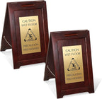 SmartSign (2-Pack) Premium Bilingual "Caution Wet Floor" Wooden A-Frame Standing Floor Sign with Symbol, 2-Sided, 24" x 15", Hardwood Pine Frame, 120 mil Brass ACM Sign Face, Black on Gold, USA-Made