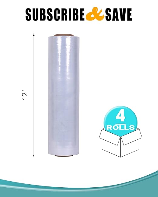APQ 4 Rolls of Blown Hand Stretch Film 12" x 1500'. Clear Hand Stretch Wrap, 80 Gauge. Tear Resistant Residue Free Film for Moving, Shipping, Wrapping. Industrial Grade Pallet Shrink Wrap Film.