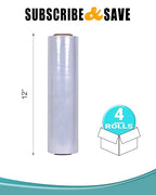 APQ 4 Rolls of Blown Hand Stretch Film 12" x 1500'. Clear Hand Stretch Wrap, 80 Gauge. Tear Resistant Residue Free Film for Moving, Shipping, Wrapping. Industrial Grade Pallet Shrink Wrap Film.