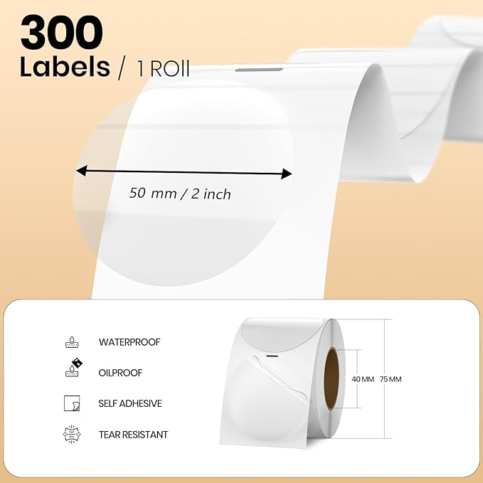 Clear Thermal Labels Vinyl 2 Inch Self-Adhesive Round Stickers Circle Roll Waterproof Printer Decals Package Seal for QR Code Envelope Office Retail Home 300 PCS