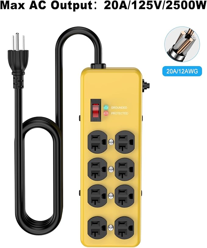 Heavy Duty Power Strip 20 amp,Metal 8 Outlet Power Strip,Wall Mount Surge Protector 4800J,12 Gauge 6FT Extension Cord 5-15P Adapter Workshop & Industrial Use with 6-20R T-Slot Outlets