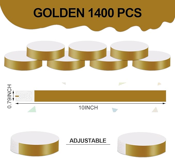 REHALY 1400 Pcs Neon Wristbands for Events - Waterproof Paper Bracelets in Colored Adhesive Bands for Concerts (Gold)