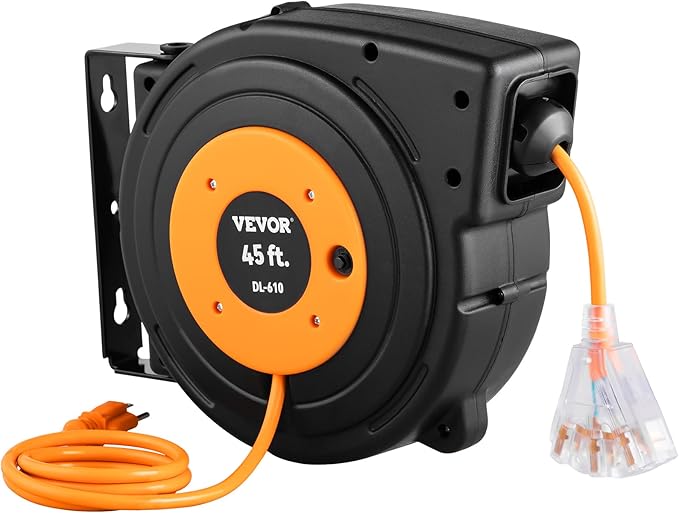 VEVOR Retractable Extension Cord Reel, 50 FT Heavy Duty 14AWG/3C SJTOW Power Cord with Lighted Triple Tap Outlet, 13 Amp Circuit Breaker, 180° Swivel Bracket for Ceiling or Wall Mount