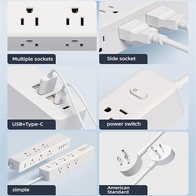 Surge Protector Power Strip, 9 Widely Spaced Outlets, 3 USB A & 2 USB C Ports, 5ft Flat Plug Long Extension Cord for Travel Home Office Entertainment, White