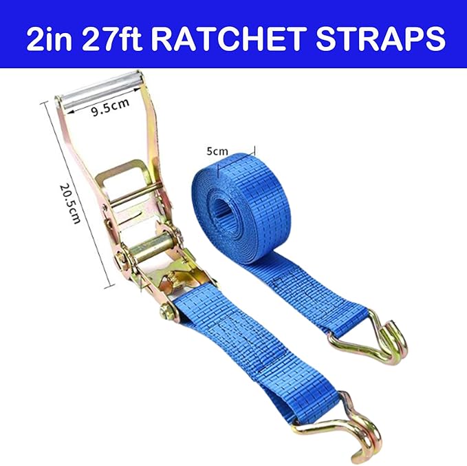 2PACK Ratchet Straps Heavy Duty, 8000 LBS Break Strength Ratchet Strap Tie Down, 2” x 27ft Blue Tie-Down Ratcheting Cargo Truck Straps with Durable Double J Hook for for Truck (Blue, 2IN X 27FT)
