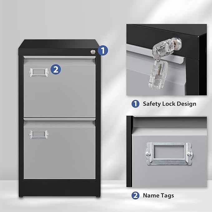 2 Drawer File Cabinet, Filing Cabinets for Home Office, Metal Vertical File Storage Cabinet with Lock, Locking File Cabinet for A4 Legal/Letter, 15.1" W x 17.7" D x 28.7" H, Assembly Required