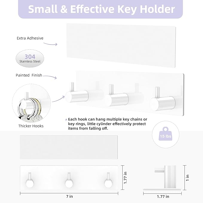 VIS'V Key Holder Wall Mount, Small Metal Self Adhesive Key Hanger with 3 Hooks, No Drilling, Extra Adhesive Strip, White