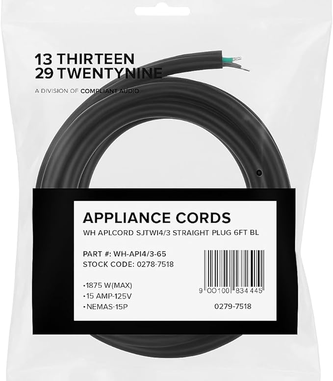 Appliance Cord Bundle, 3FT 13A & 6FT 15A SJTW Power Cables, Straight & Angled 5-15 Plugs, 125/600V Copper Conductors, Heavy-Duty Indoor/Outdoor Use