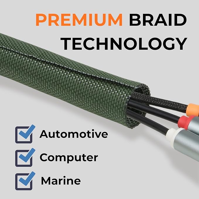 1/2 inch Split Braided Cable Management Sleeve for USB Cable Power Cord Audio Video Cable, High-Temperature Automotive Harness Wire Loom Cord Protector from Cat Dog Chewing (Green, 10FT)