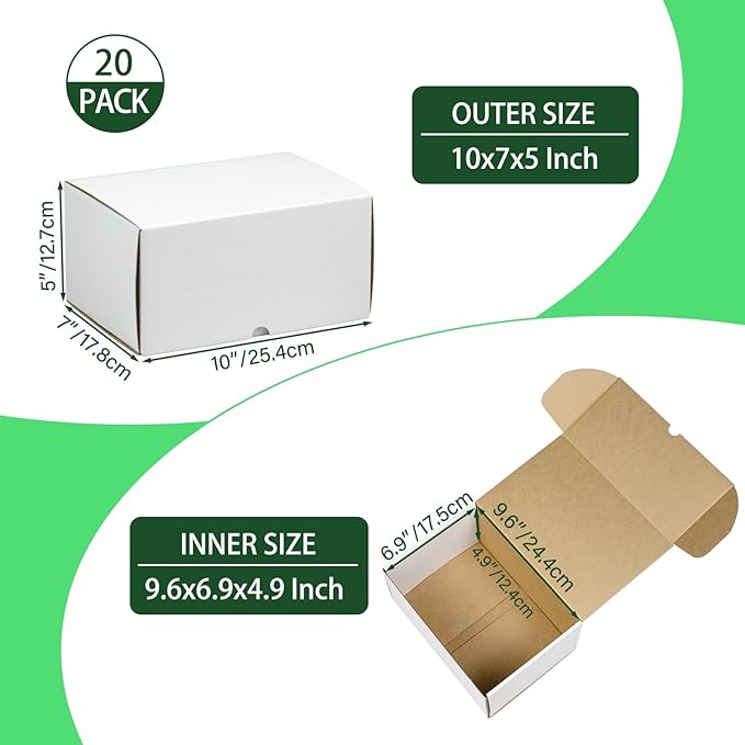 10x7x5 Inches Shipping Boxes Set of 20, White Corrugated Cardboard Box Literature Mailer for Packing Small Business