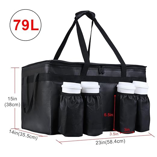 Insulated Food Delivery Bag with 4 Cup Holder and Bottom Support, XXX-Large Insulated Grocery Bags Keep Food Hot/Cold, Cooler Bags with Drink Carrier, Food Carrier Catering Bag for Events,Black