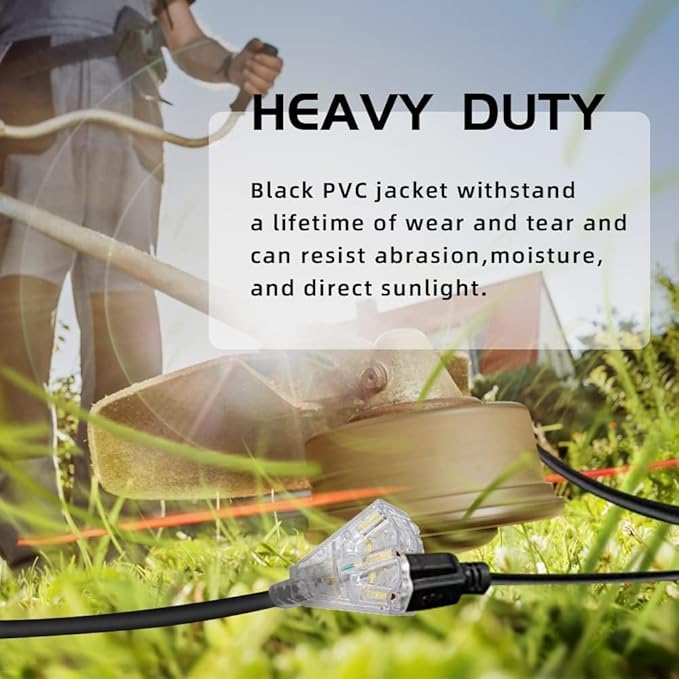 3-Outlets Indoor Outdoor Extension Cord Weatherproof with Lighted End, UL Listed, 12 Gauge 6FT Black 3 Prong Heavy Duty, 12/3 SJTW 15A Power Cord