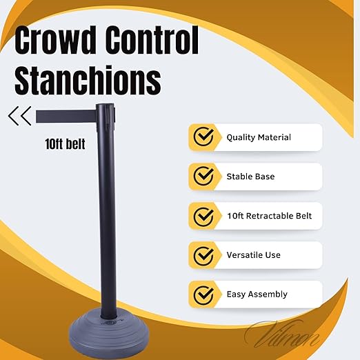 6 Pack 42Inch Crowd Control Stanchions with 10ft Black Retractable Belt Crowd Control Barriers 13 Inch Water-Filled Base Retractable Stanchions for Traffic Control (Black)