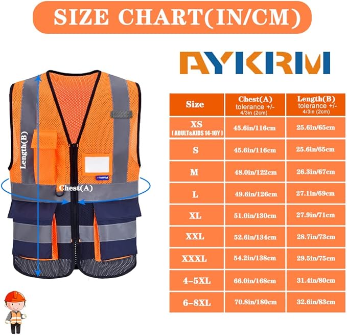A-SAFETY High Visibility Safety Vest with 4 Reflective Strips 7 Pockets,Orange&Navy Mesh X-Small