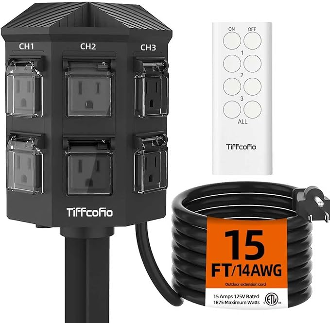 Tiffcofio Outdoor Remote Control Power Strip, 15FT Extension Cord Waterproof, Independent Control Outlets, 6 Grounded Outlets for Outdoor Decorations, 14 AWG, 15A/1875W, ETL Listed (15 FT)